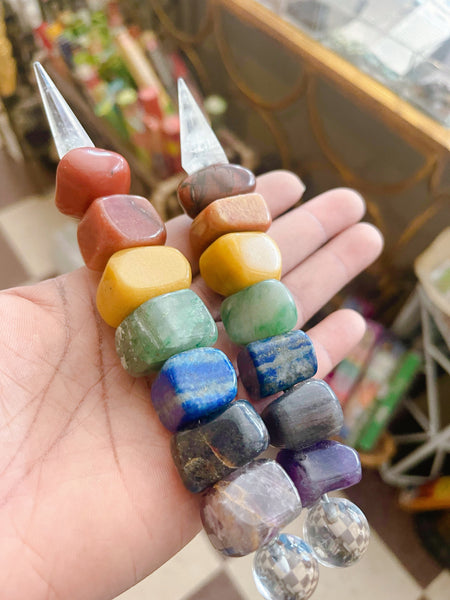 Seven Chakra Gemstone Wand with Quartz Point