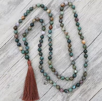 Green Moss Agate & Fancy Agate Nurturing 108 Meditation Mala Beaded Necklace